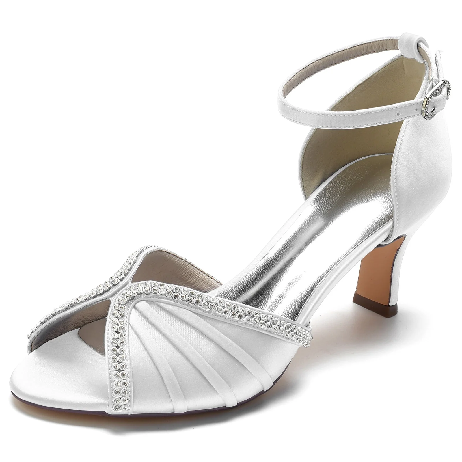 Women's Wedding Shoes Silk Satin Crystal Opened Toe Mid Heel Buckle Bridal Shoes - Image 11