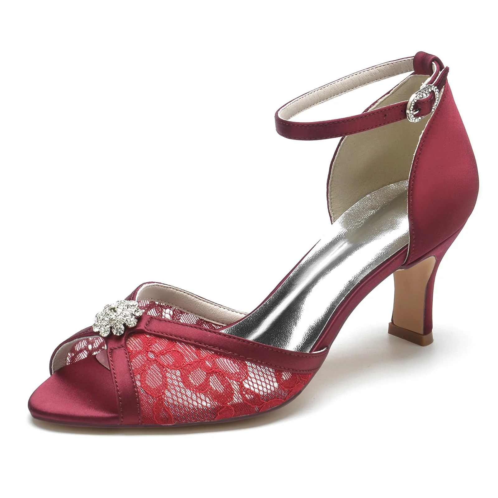 Women's Wedding Shoes Lacework Rhinestone Flower Mid Peep Toe Buckle Bridal Shoes - 画像 (8)