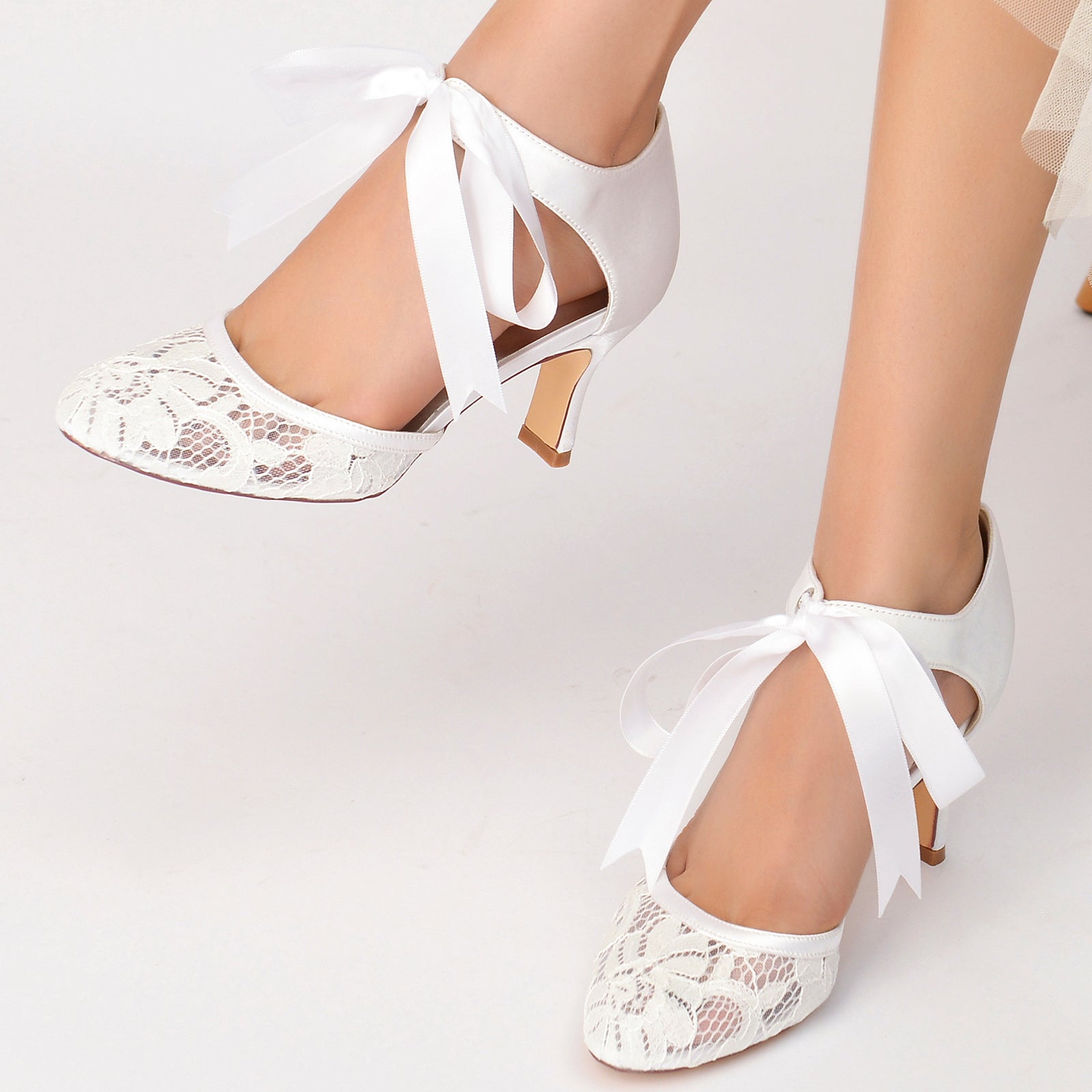 Women's Wedding Shoes Lace Mid Round Toe Bow Ankle Strap Bridal Shoes - 이미지 2