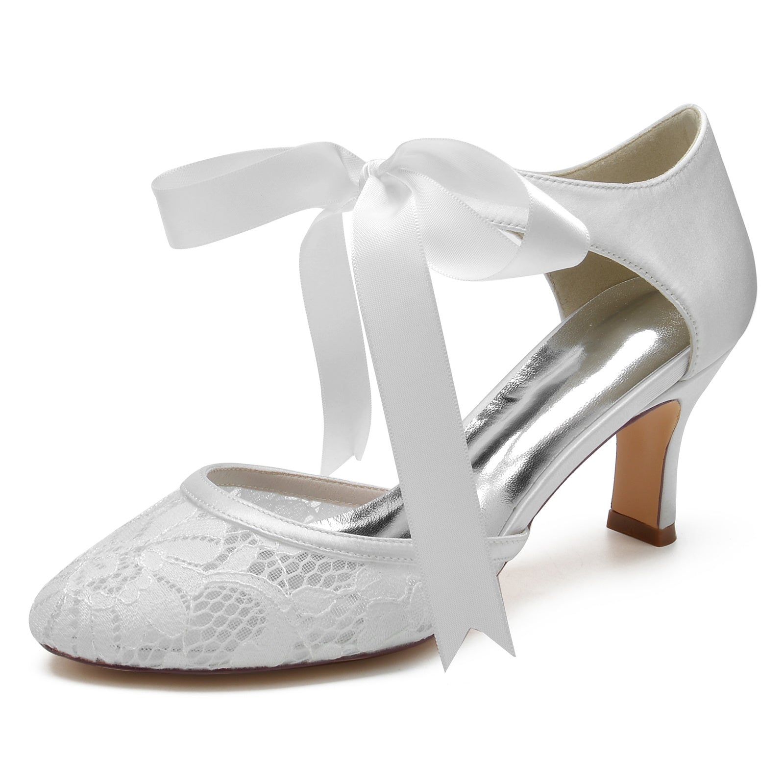 Women's Wedding Shoes Lace Mid Round Toe Bow Ankle Strap Bridal Shoes - 이미지 6
