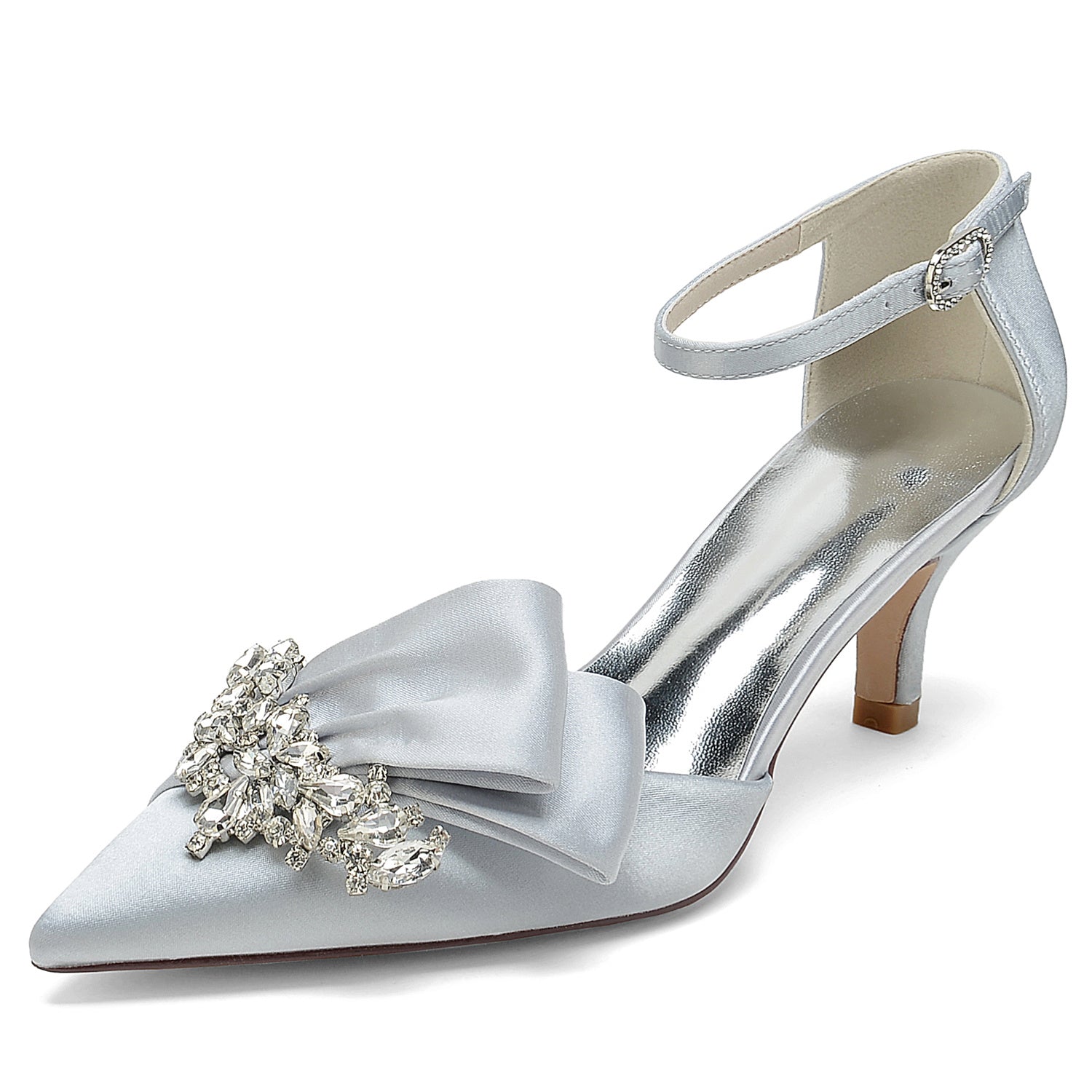 Women's Wedding Shoes Silk Satin Rhinestone Bow Mid Pointed Toe Buckle Bridal Shoes - 이미지 15