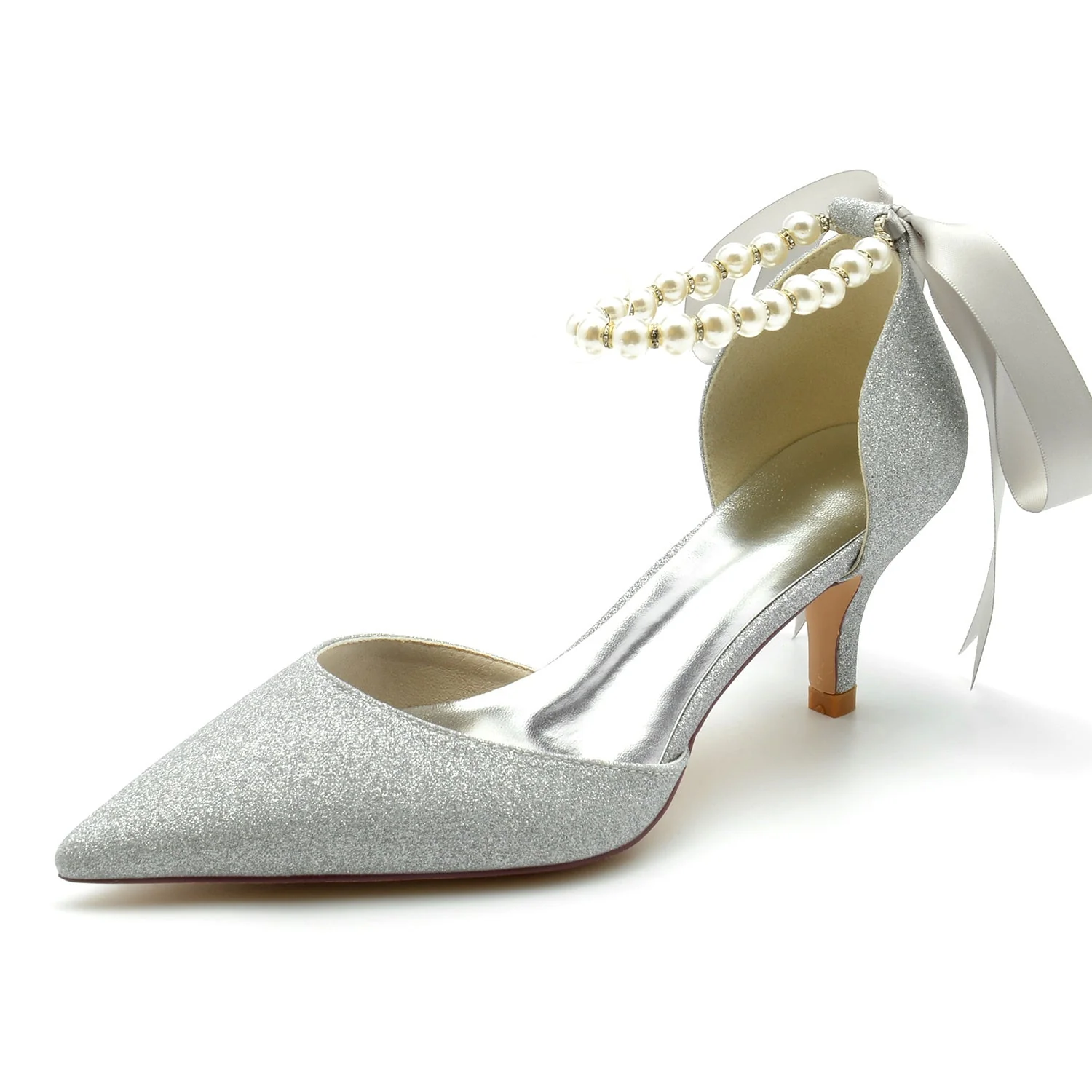 Women's Wedding Shoes Glitter Pearl Pointed Toe Mid Heel Bow Bridal Shoes - 이미지 3