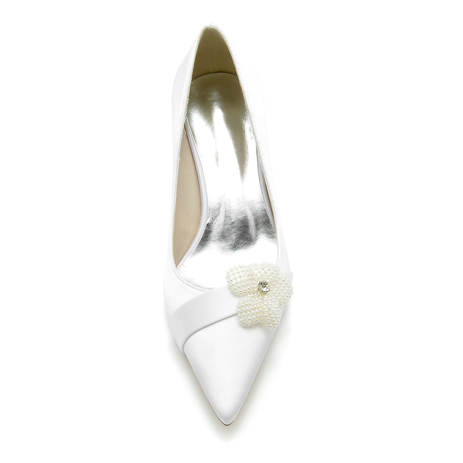Women's Wedding Shoes White Pearl Flower Pointed Toe Mid Heel Bridal Shoes - 画像 (3)