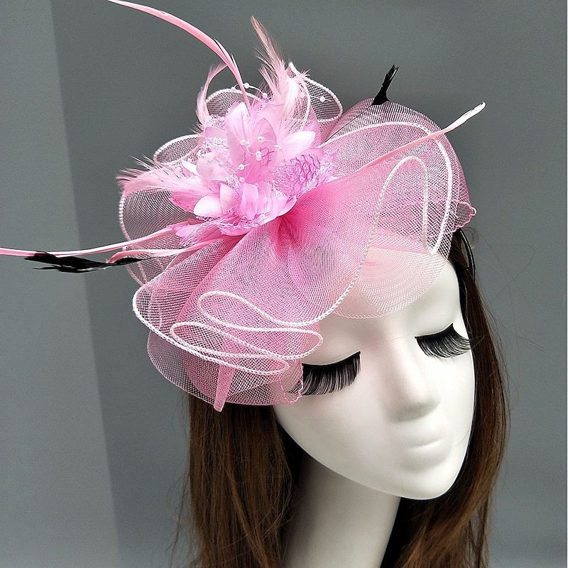 Elegant Net Saucer Hat Fascinator Hats Headpiece Flower Feather & Beading - Image 10