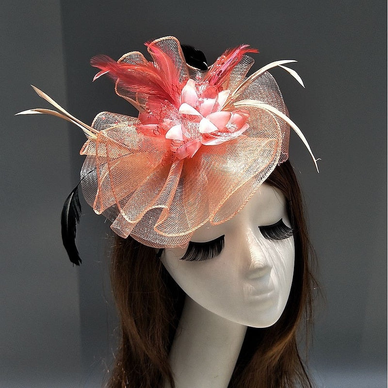 Elegant Net Saucer Hat Fascinator Hats Headpiece Flower Feather & Beading - Image 7