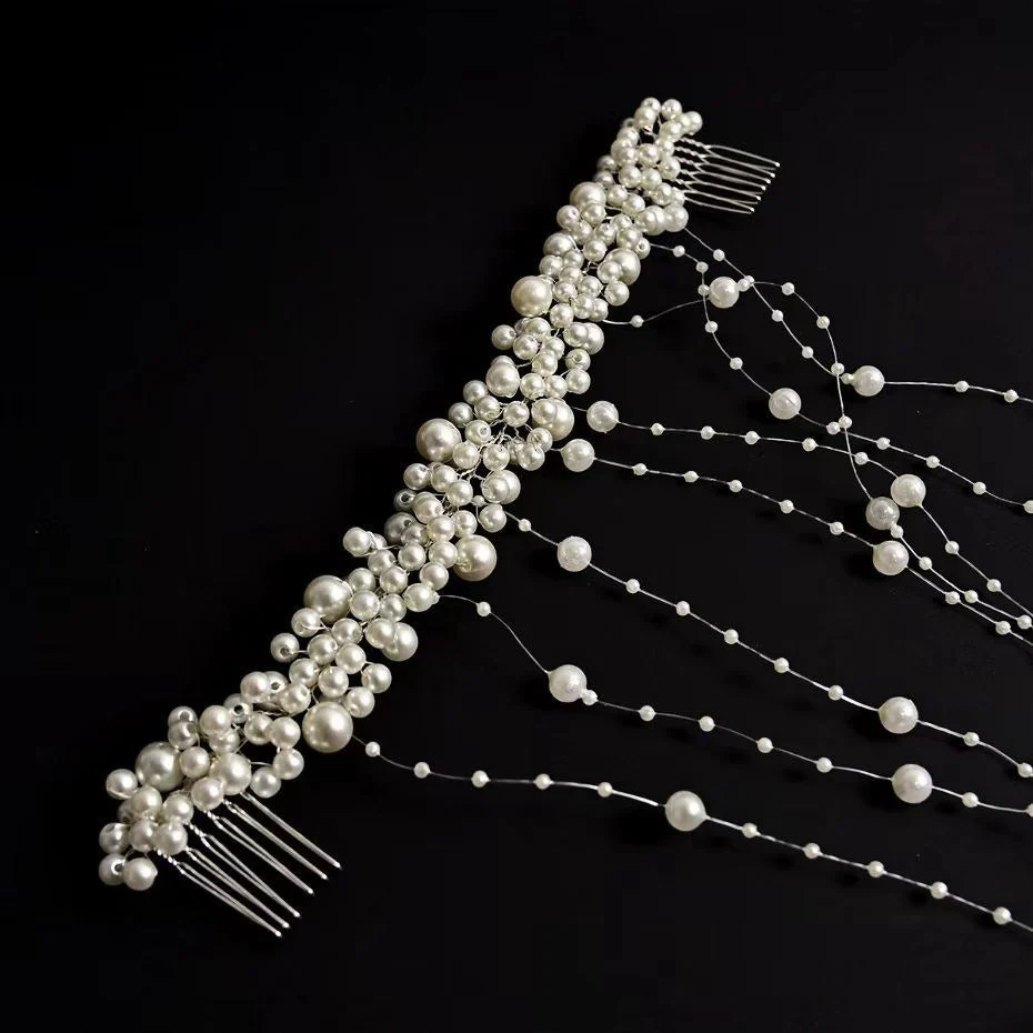 Tassel Comb Bridal Headpiece with Pearls - 이미지 4