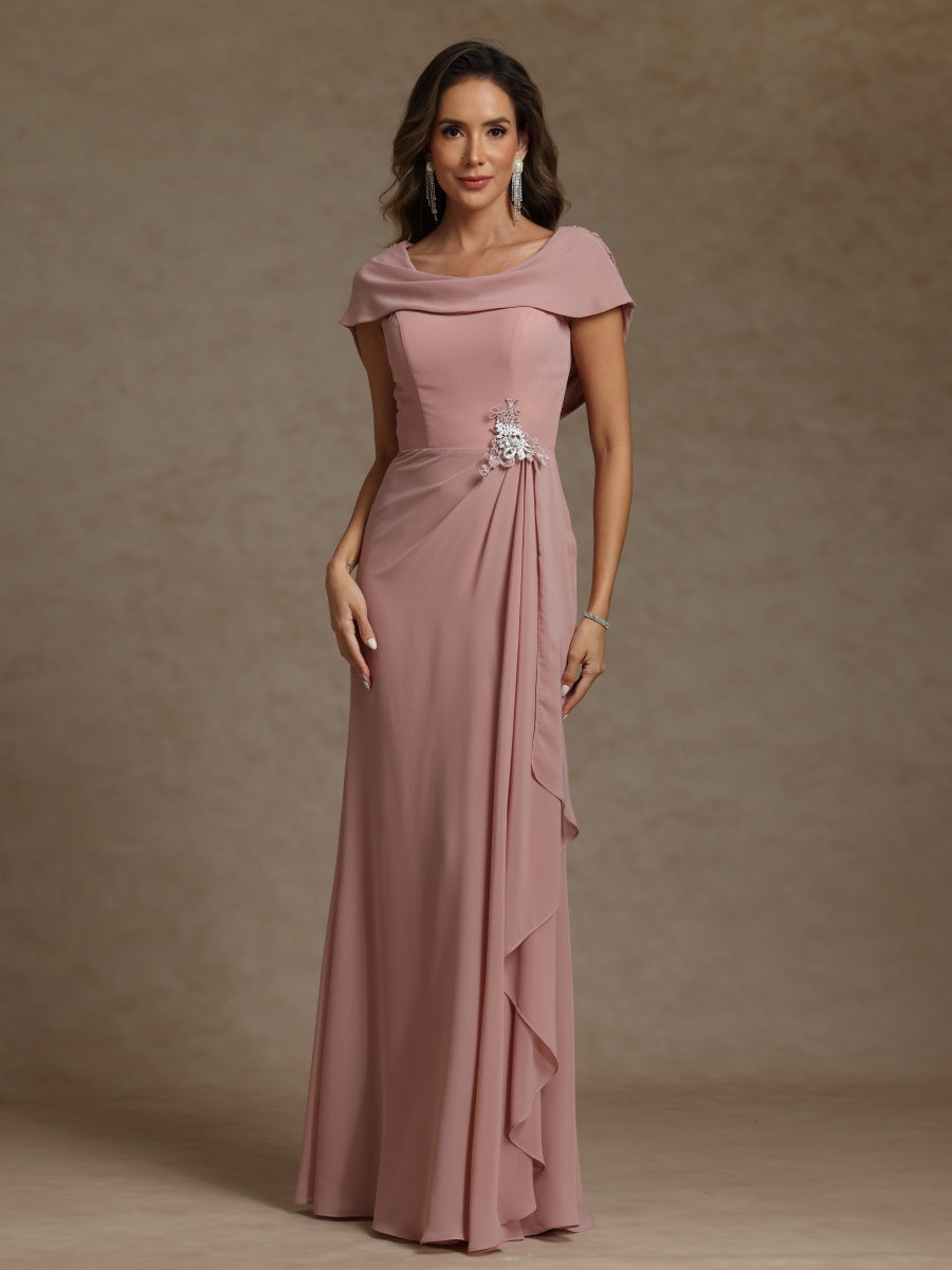 Sheath/Column Crew Nevk Short Sleeves Chiffon Mother of the Bride Dresses with Sash - 画像 (3)