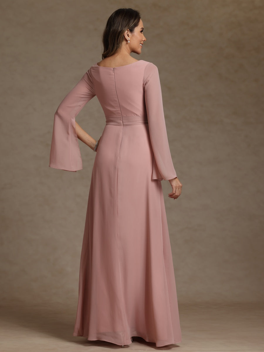 Sheath/Column V-Neck Long Sleeves Chiffon Mother of the Bride Dresses with Sash - 이미지 2
