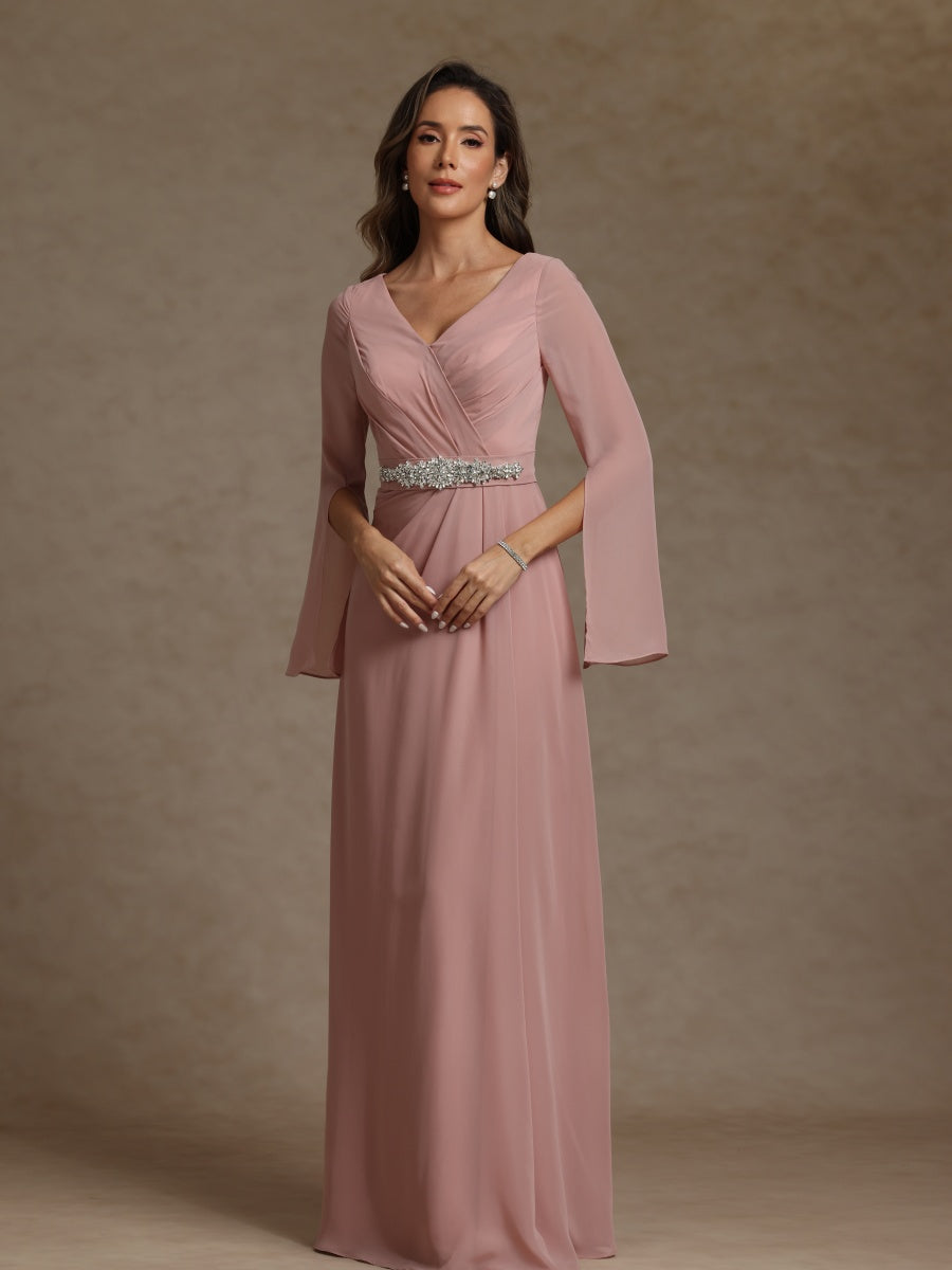 Sheath/Column V-Neck Long Sleeves Chiffon Mother of the Bride Dresses with Sash - 이미지 4