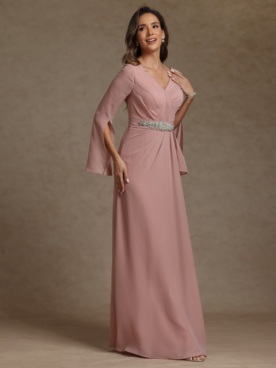 Sheath/Column V-Neck Long Sleeves Chiffon Mother of the Bride Dresses with Sash - 이미지 5