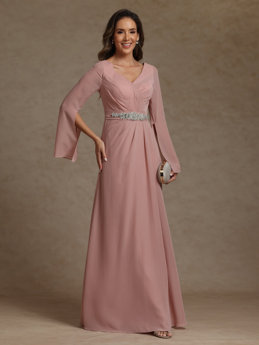 Sheath/Column V-Neck Long Sleeves Chiffon Mother of the Bride Dresses with Sash - 이미지 6