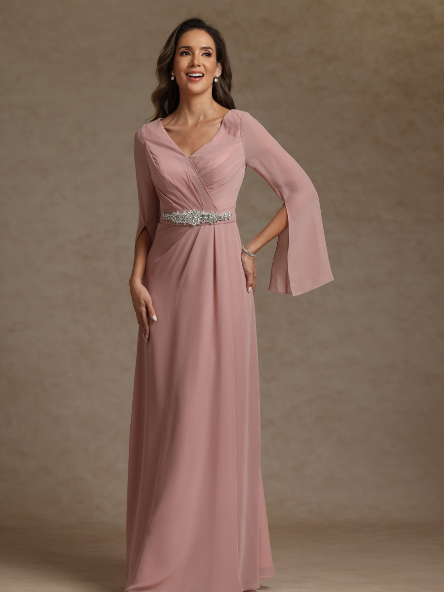 Sheath/Column V-Neck Long Sleeves Chiffon Mother of the Bride Dresses with Sash - 이미지 3