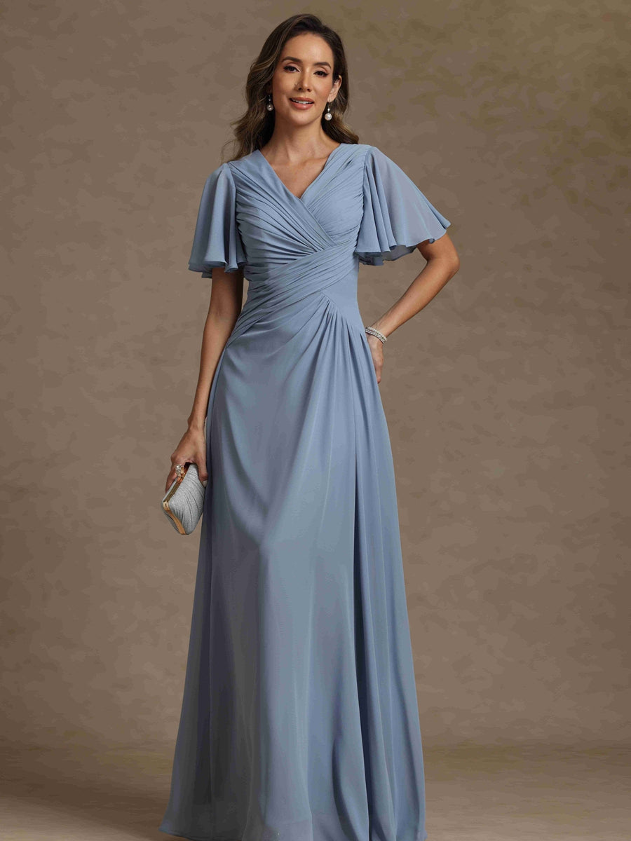 A-Line/Princess V-Neck Short Sleeves Ruched Long Mother of the Bride Dresses - 画像 (4)