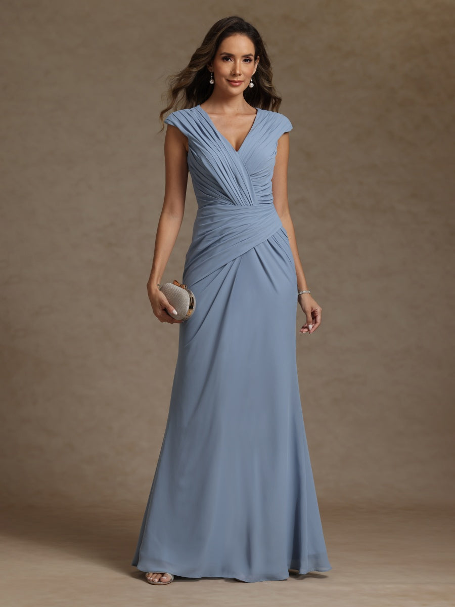 Sheath/Column V-Neck Sleeveless Ruched Long Mother of the Bride Dresses