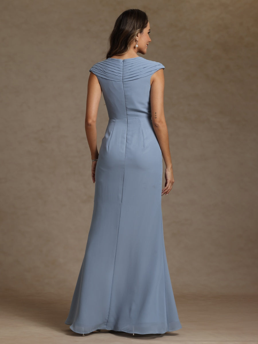 Sheath/Column V-Neck Sleeveless Ruched Long Mother of the Bride Dresses - 画像 (2)