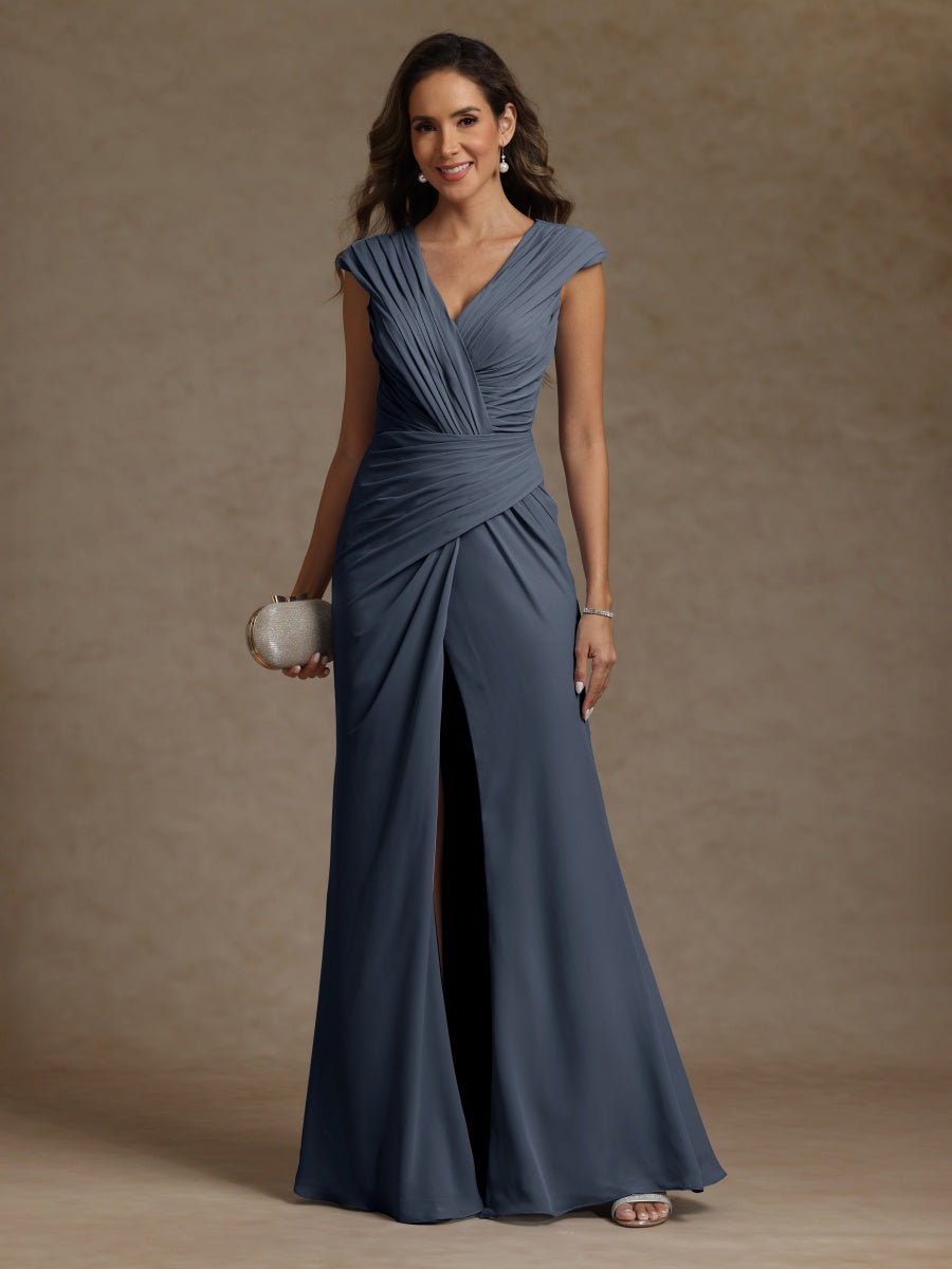 Sheath/Column V-Neck Sleeveless Ruched Long Mother of the Bride Dresses