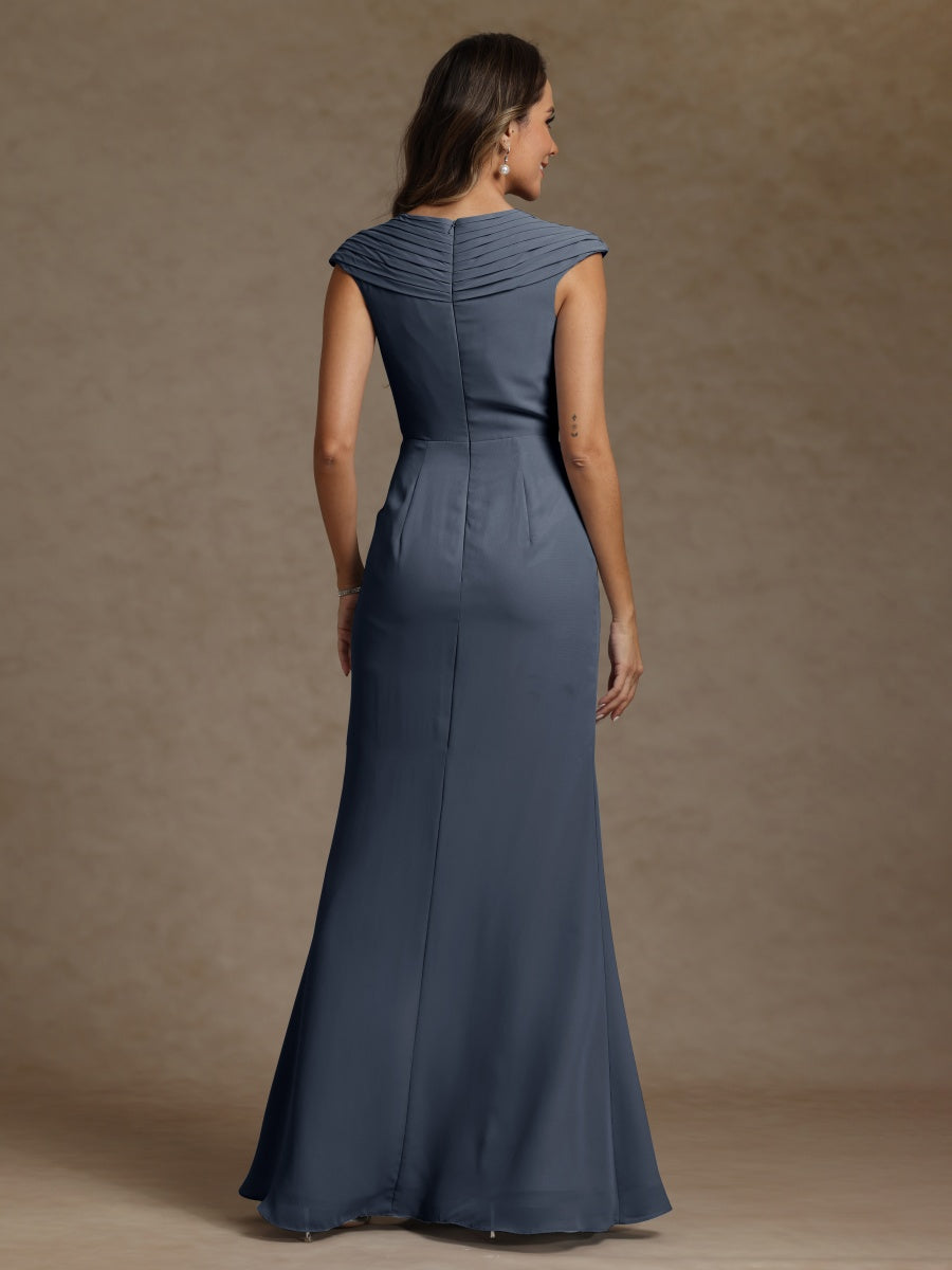 Sheath/Column V-Neck Sleeveless Ruched Long Mother of the Bride Dresses - 画像 (2)