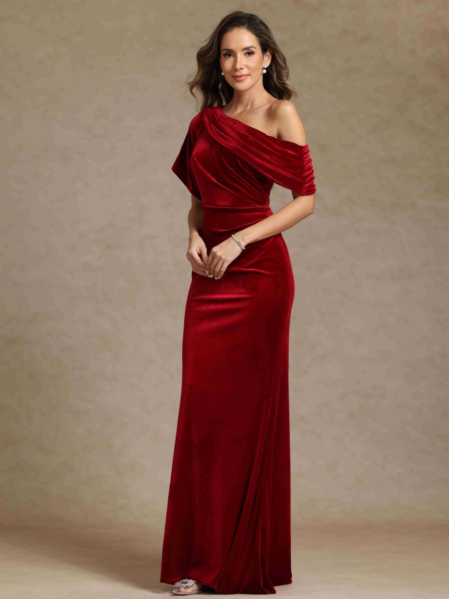Velvet Sheath/Column One-Shoulder Short Sleeves Mother of the Bride Dresses - 画像 (4)