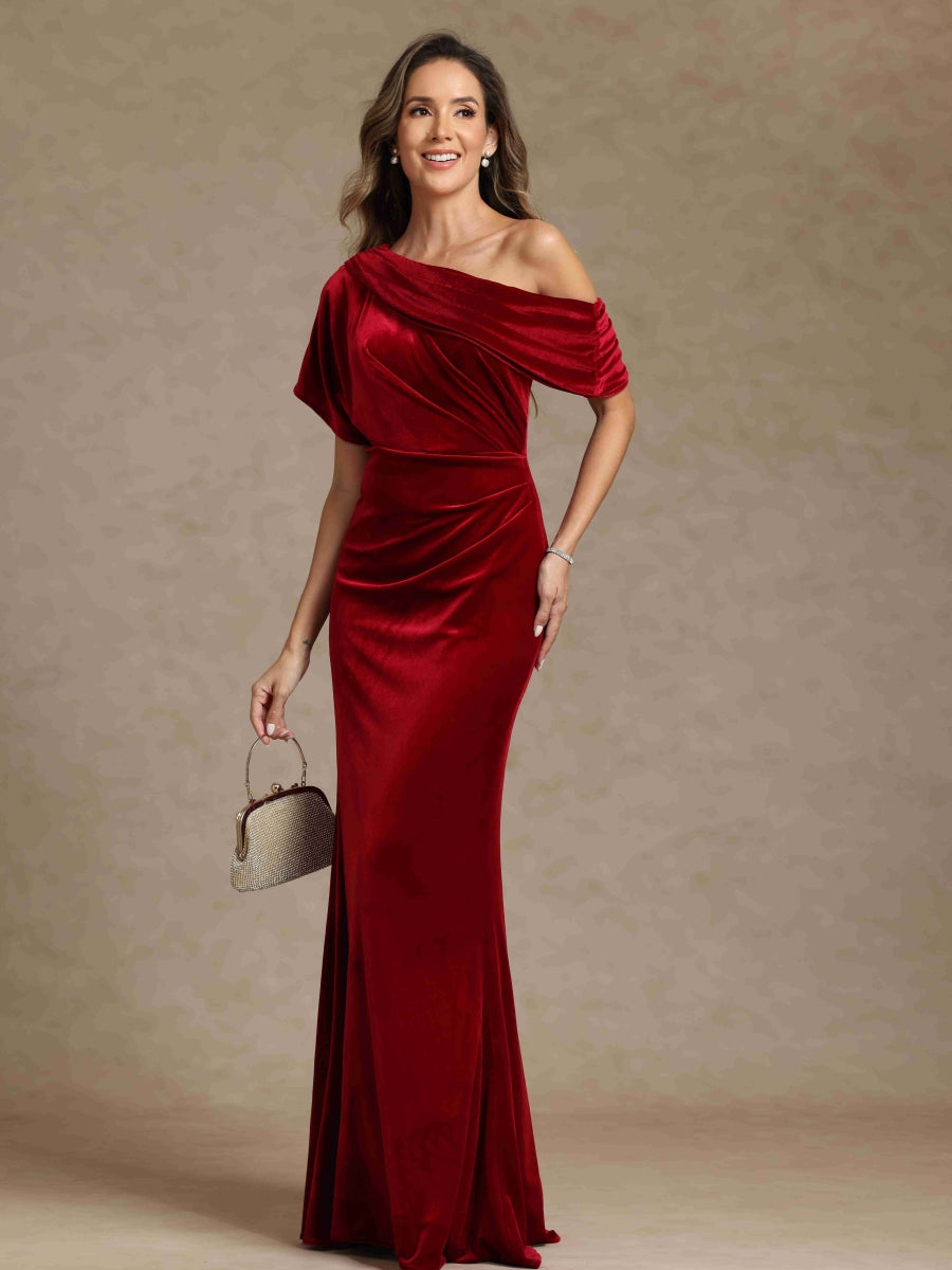 Velvet Sheath/Column One-Shoulder Short Sleeves Mother of the Bride Dresses - 画像 (5)