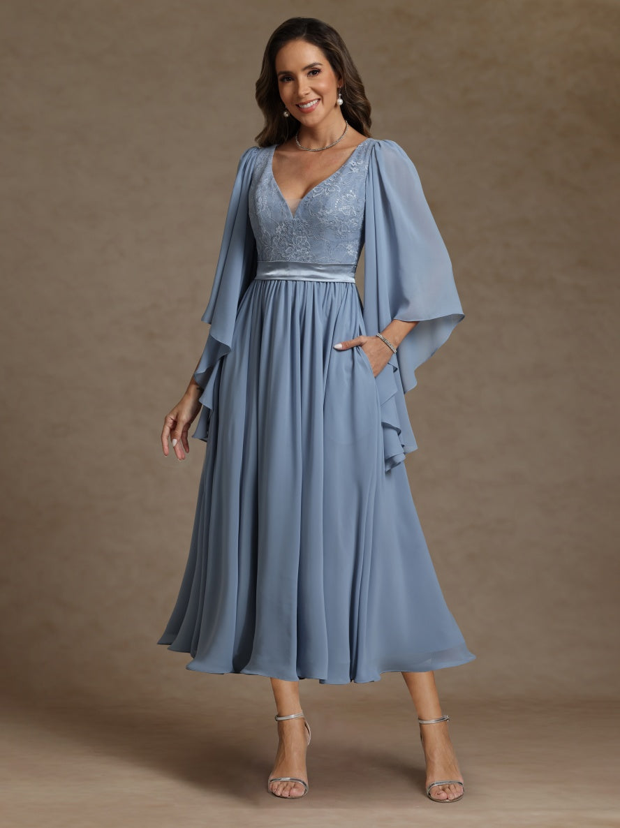 A-Line/Princess V-Neck Long Sleeves Tea-Length Mother of the Bride Dresses With Sash