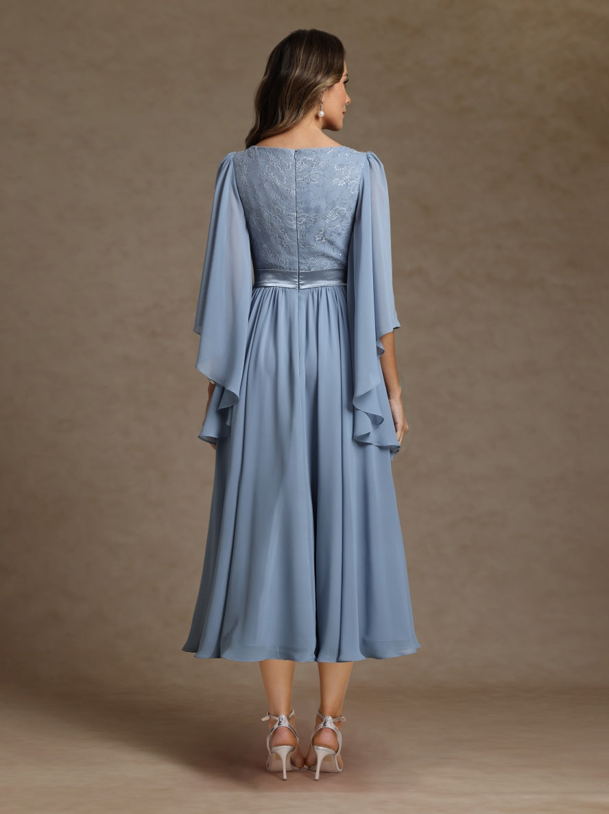 A-Line/Princess V-Neck Long Sleeves Tea-Length Mother of the Bride Dresses With Sash - 画像 (2)