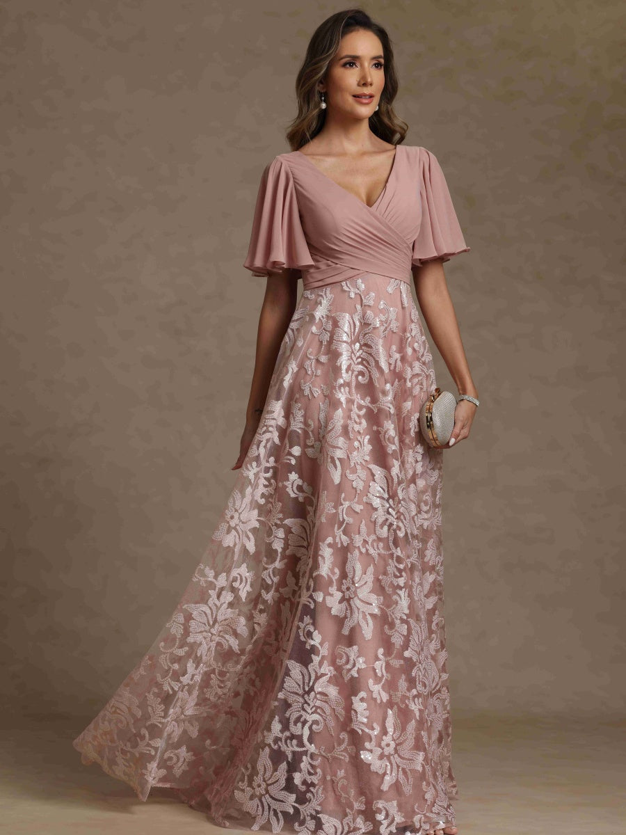 A-Line/Princess V-Neck Short Sleeves Ruched  Mother of the Bride Dresses With Sequins