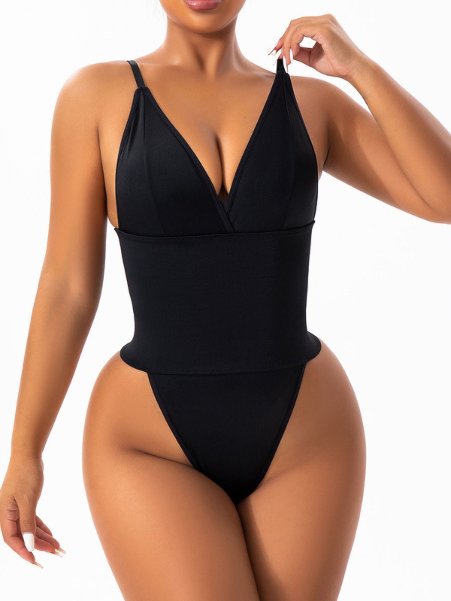 Bodysuit Women's Black Sexy V-Neck Ruffle Comfortable Shapewear - 이미지 4