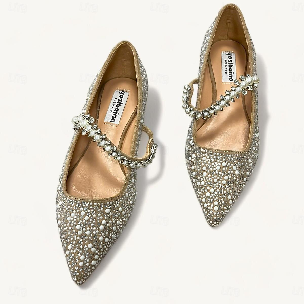Women's Wedding Shoes Rhinestone Sparkling Shoes Flat Heel Pointed Toe Bridal Shoes - 이미지 4