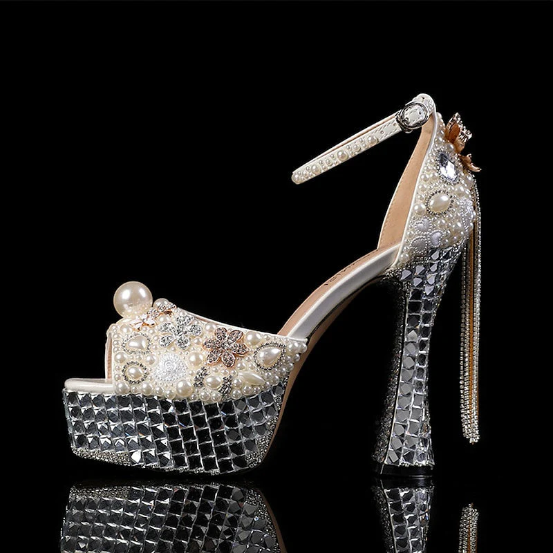 Women's Wedding Shoes Rhinestone Crystal Imitation Pearl Bowknot Tassel Stiletto High Heel Platform Closed Toe Bridal Shoes - 이미지 7