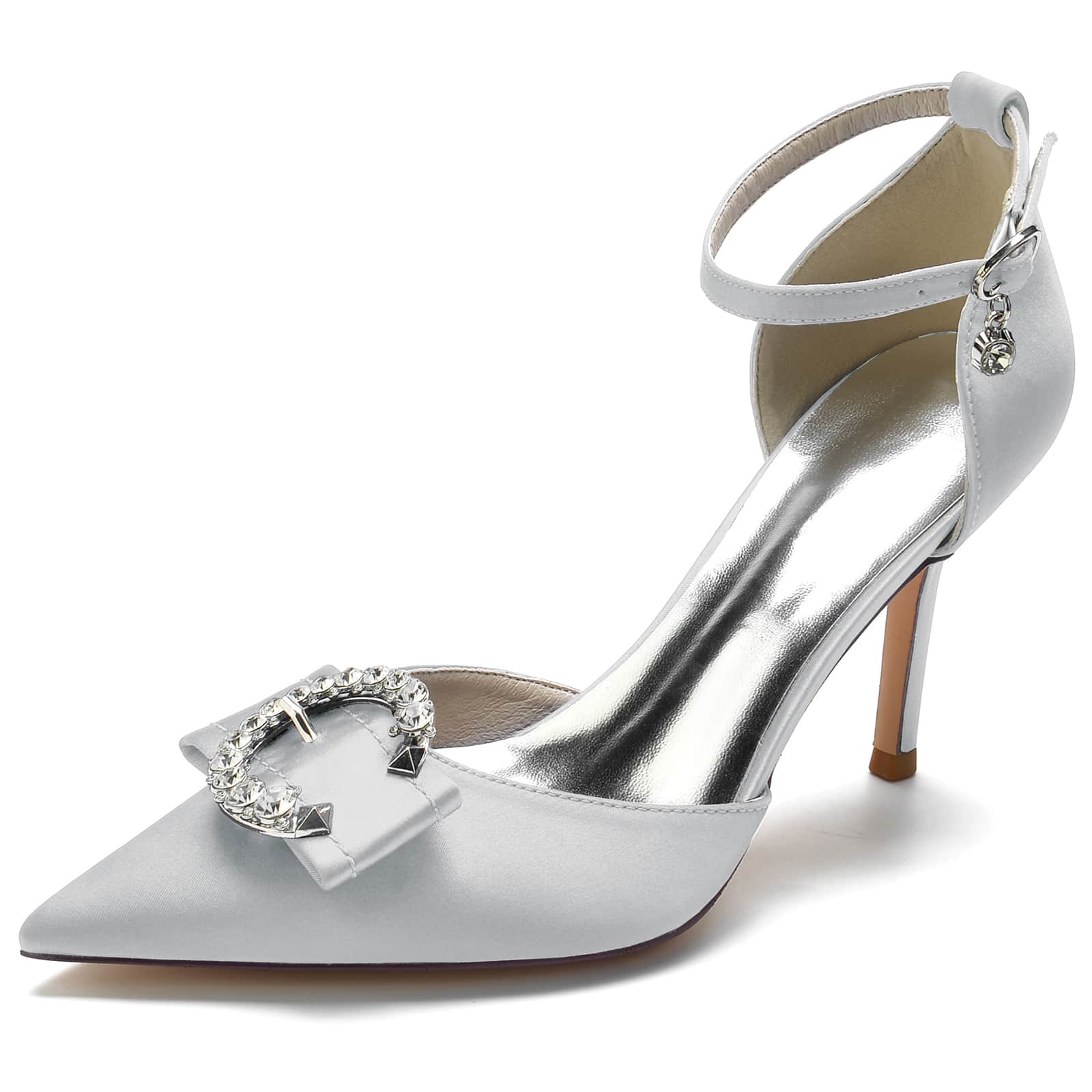 Women's Wedding Shoes High Heel Pointed Toe Buckle Bridal Shoes with Rhinestones & Knot - Image 11