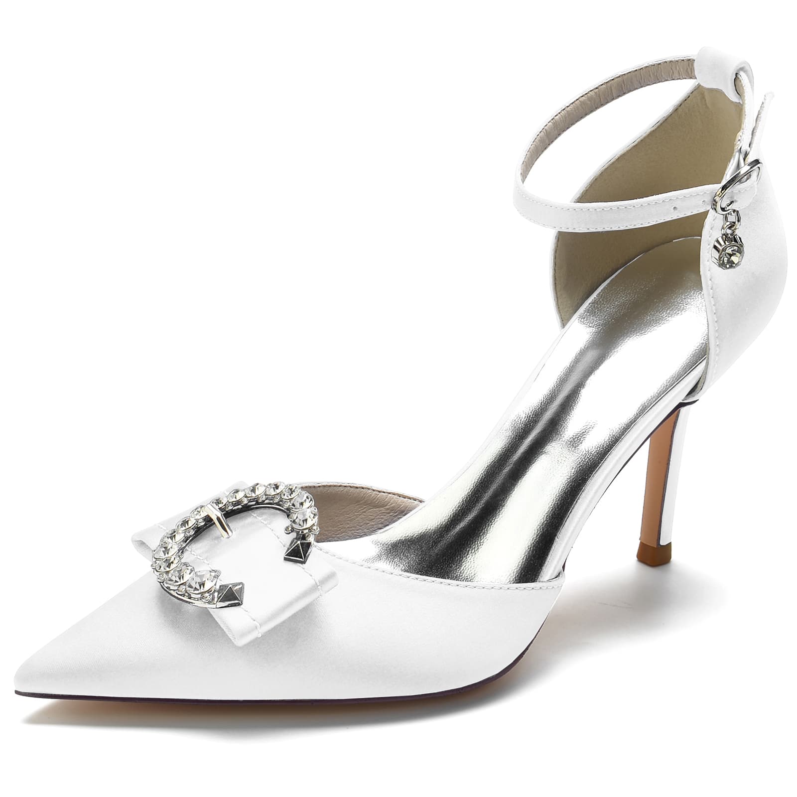 Women's Wedding Shoes High Heel Pointed Toe Buckle Bridal Shoes with Rhinestones & Knot - Image 7