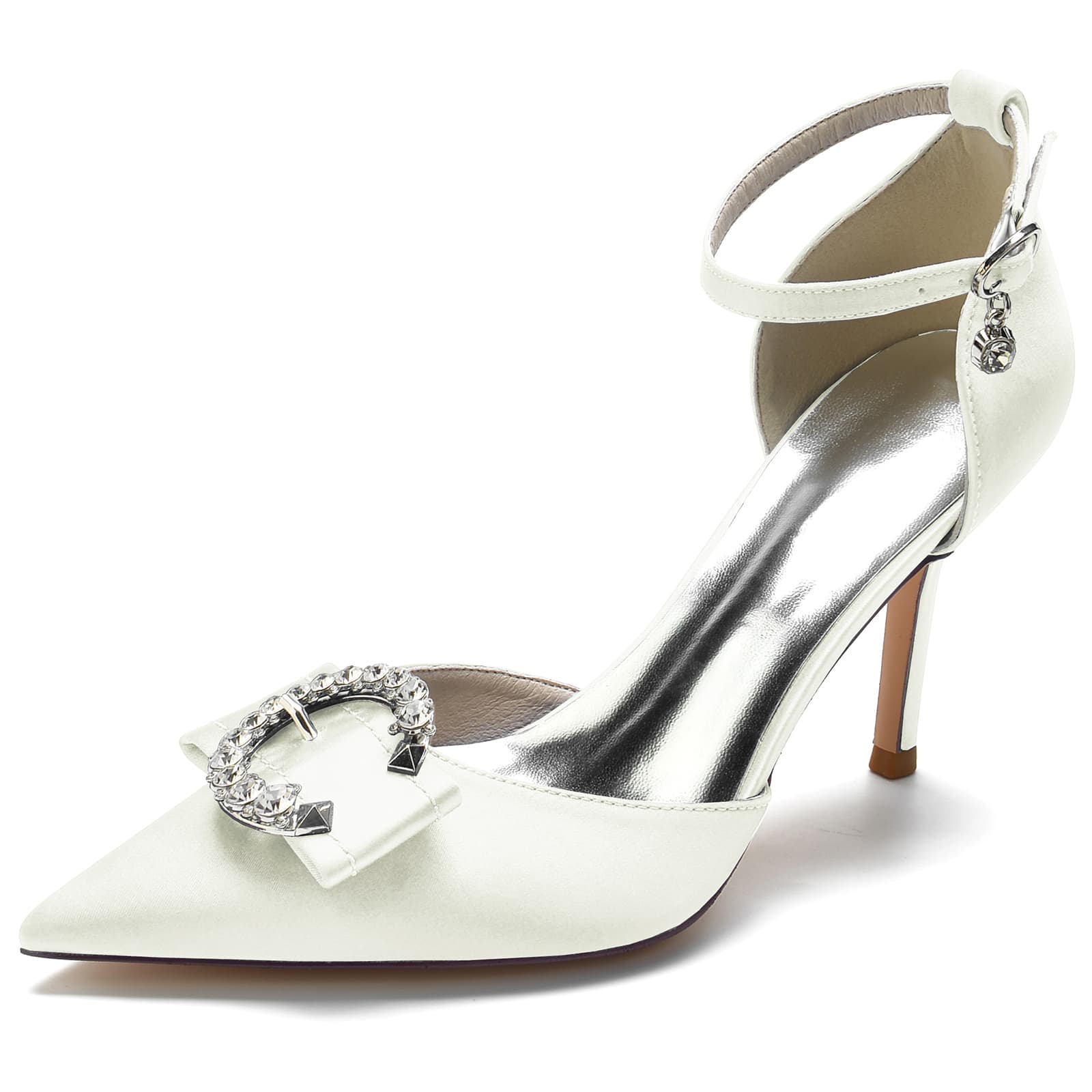 Women's Wedding Shoes High Heel Pointed Toe Buckle Bridal Shoes with Rhinestones & Knot - Image 9