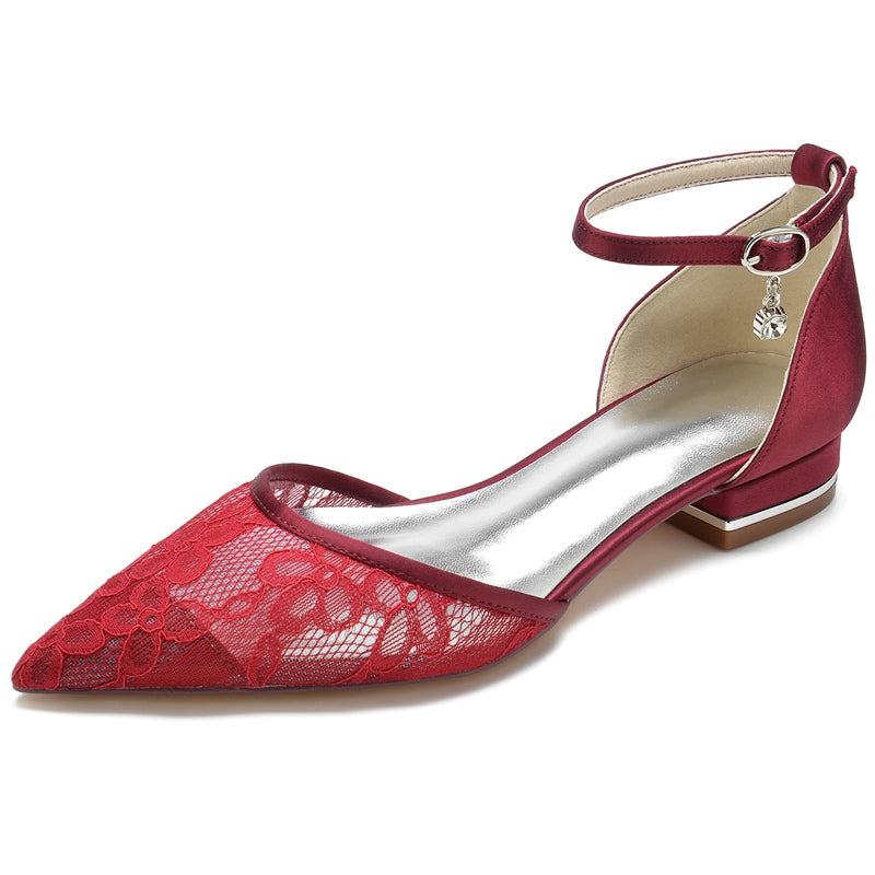 Women's Wedding Shoes Lace Pointed Toe Square Heel Buckle Bridal Shoes with Crystal Pendant - 이미지 7