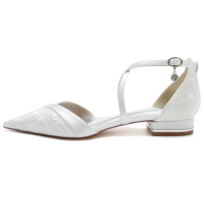Women's Wedding Shoes Stylish Pointed Toe Low Heel Crossed Straps Bridal Shoes with Lace Appliques - 이미지 3