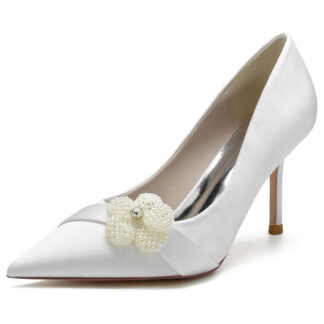 Women's Wedding Shoes Delicated Closed Toe High Heel Bridal Shoes with Rhinestone & Pearl Flower