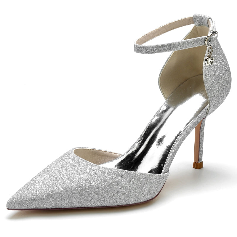 Women's Wedding Shoes Sparkling Elegant Pointed Toe Buckle Bridal Shoes with Crystal Pendant