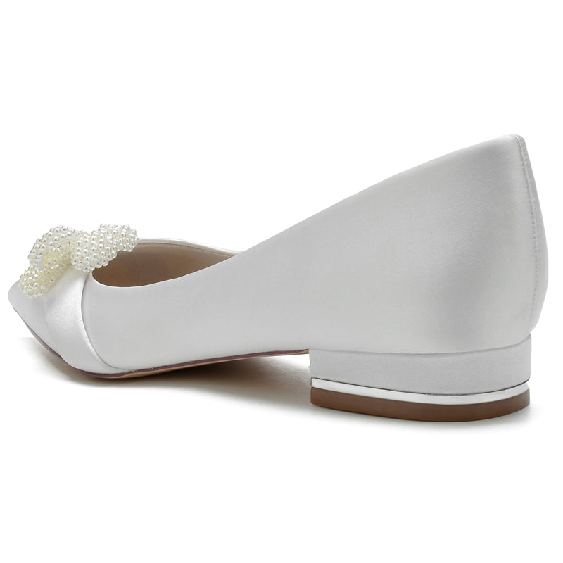 Women's Wedding Shoes Ivory Pointed Toe Flat Heel Bridal Shoes with Pearl - Image 5