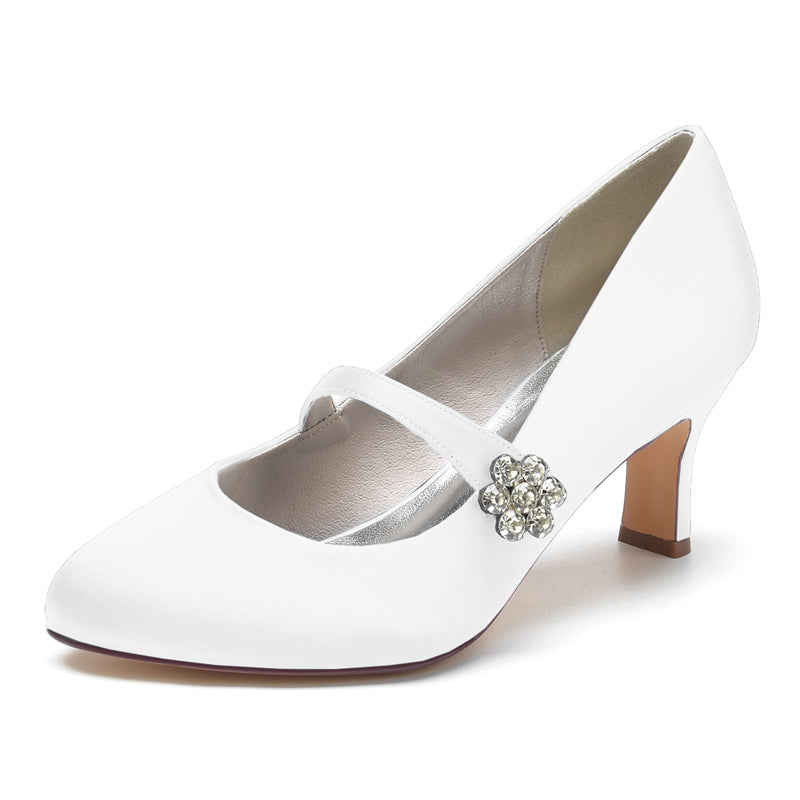 Women's Wedding Shoes White Round Toe Mid Heel Simple Bridal Shoes