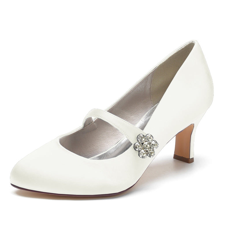 Women's Wedding Shoes White Round Toe Mid Heel Simple Bridal Shoes - 이미지 8