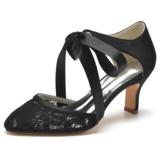 Women's Wedding Shoes Black Round Toe Mid Heel Elegant Bridal Shoes with Bow Straps