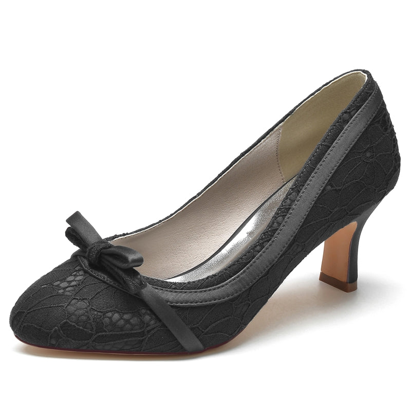 Women's Wedding Shoes Round Toe Mid Heel Lace Exquisite Bridal Shoes with Bowknot - 画像 (9)