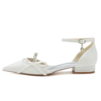 Women's Wedding Shoes White Closed Toe Exquisite Buckle Bridal Shoes with Rhinestone & Bow