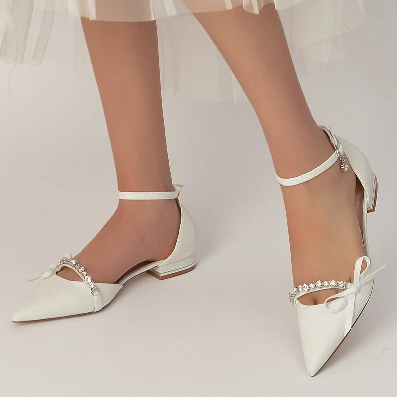 Women's Wedding Shoes White Closed Toe Exquisite Buckle Bridal Shoes with Rhinestone & Bow - 画像 (5)