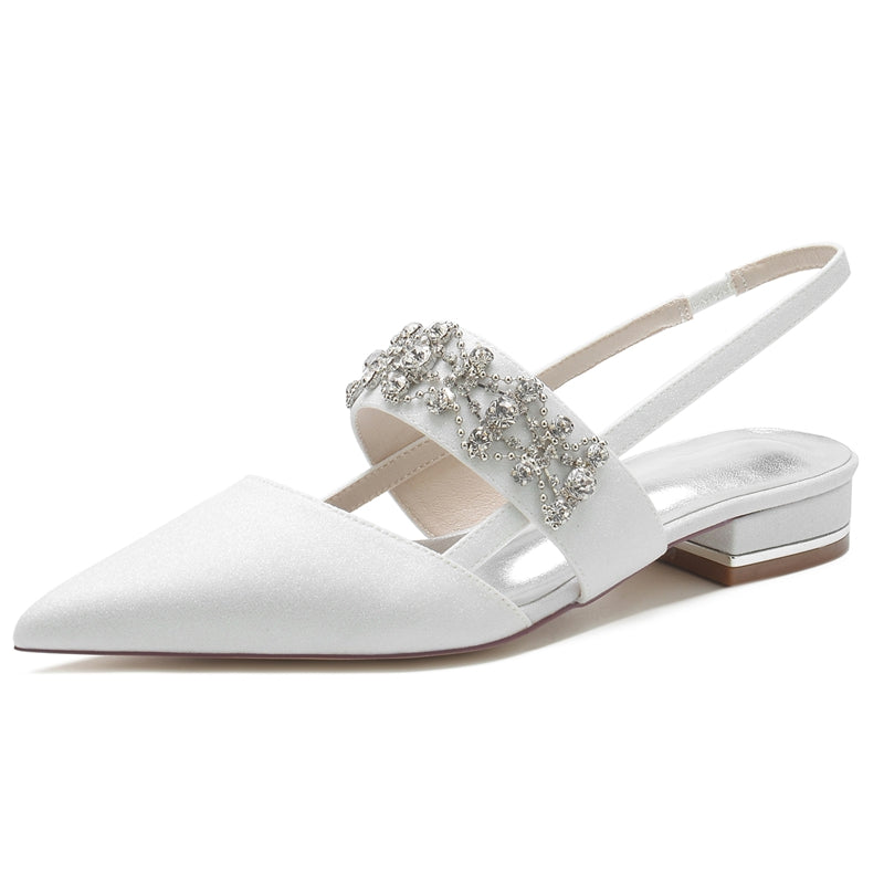 Women's Wedding Shoes White Closed Toe Buckle Slip-On Bridal Shoes with Rhinestone & Beadings