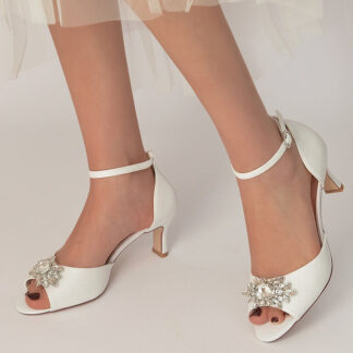 Women's Wedding Shoes Peep Toe Mid Heel Buckle Bridal Shoes with Luxurious Rhinestone