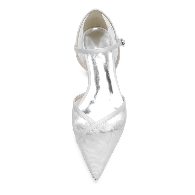 Women's Wedding Shoes Pointed Toe Low Heel Tulle Buckle Bridal Shoes with Printed Heart - 画像 (4)
