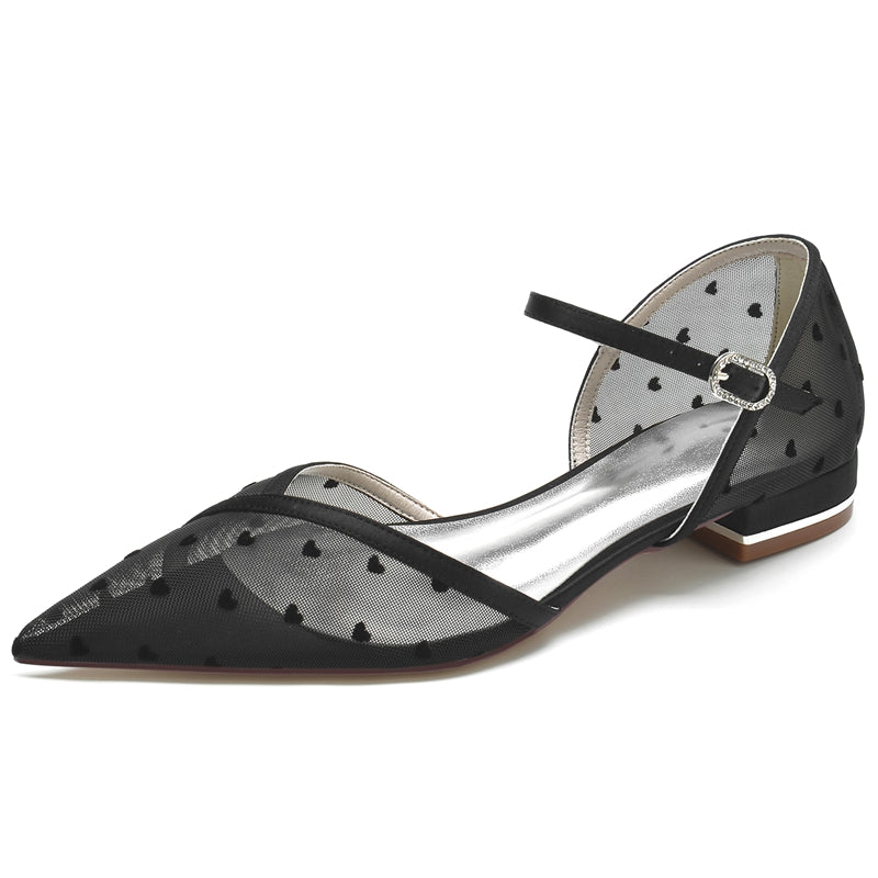 Women's Wedding Shoes Pointed Toe Low Heel Tulle Buckle Bridal Shoes with Printed Heart - 画像 (6)