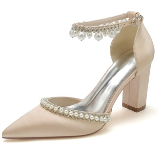 Women's Wedding Shoes Pointed Toe Block Heel Luxury Buckle Bridal Shoes with Crystal & Pearl