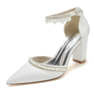 Women's Wedding Shoes Pointed Toe Block Heel Luxury Buckle Bridal Shoes with Crystal & Pearl