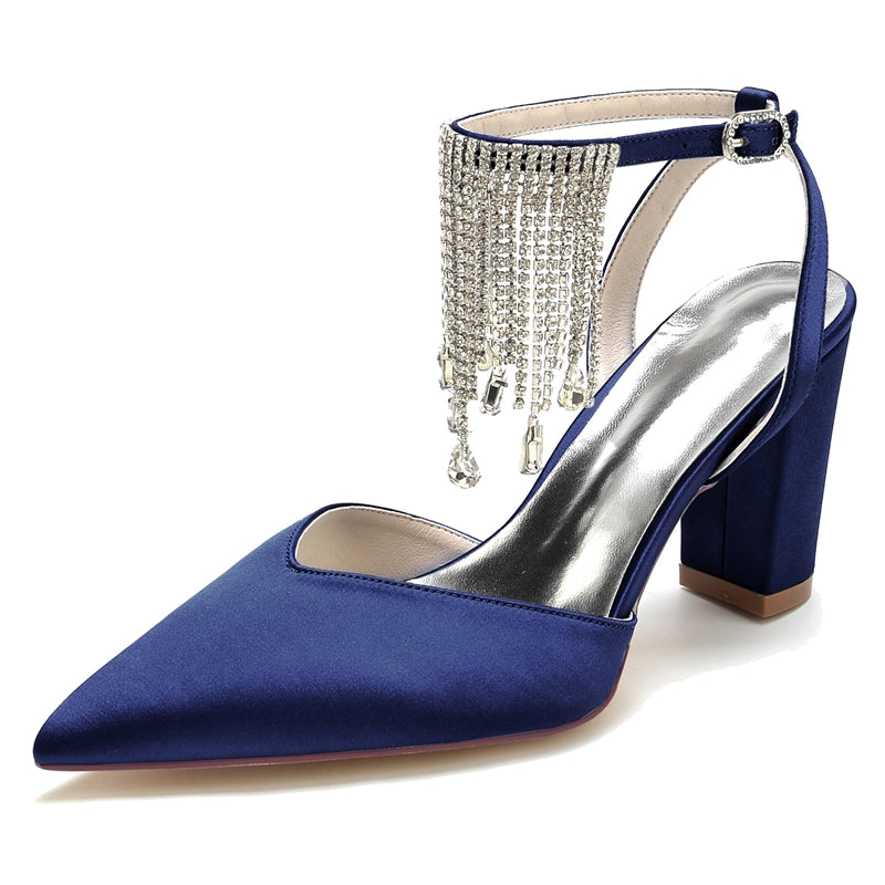 Women's Wedding Shoes Closed Toe Block Heel Buckle Bridal Shoes with Crystal & Tassels - 이미지 8